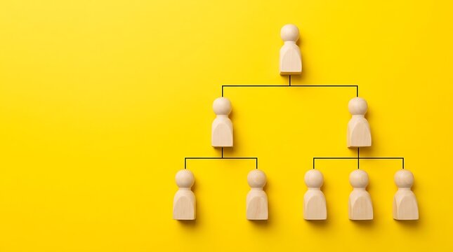 Organizational chart with wooden figures on yellow background showing hierarchy and leadership structure