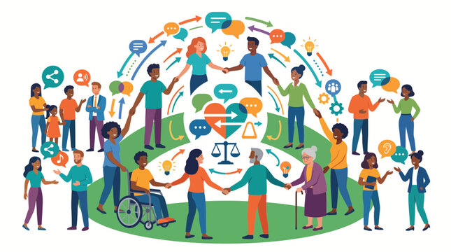 Diverse group of people holding hands around a heart and justice scale icon.