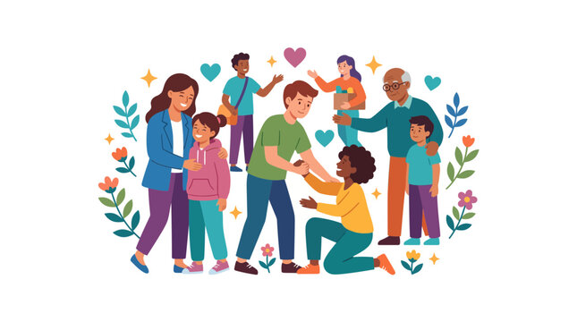 Diverse group of people interacting and helping each other in a friendly community setting.