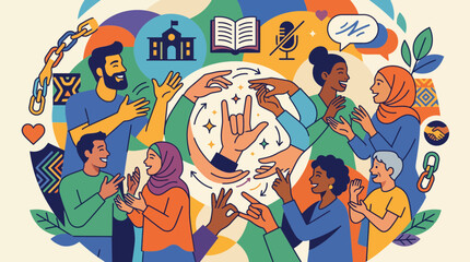 Diverse group of people using sign language to communicate and connect. © Rizqi Baraka