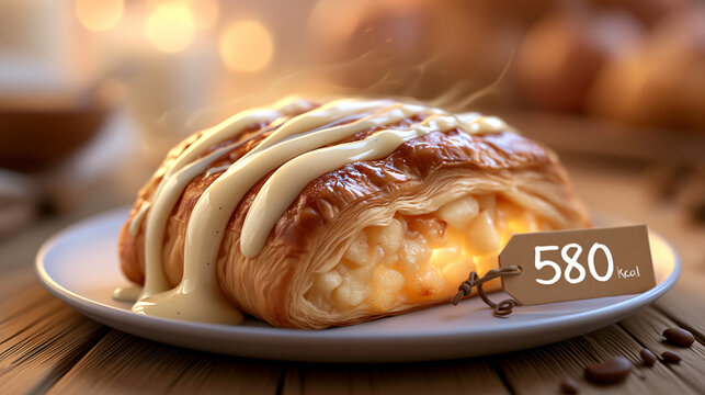 Ein frischer Croissant mit geschmolzenem K&auml;se auf einem Holzbrett mit der Aufschrift 580 Kalorien.