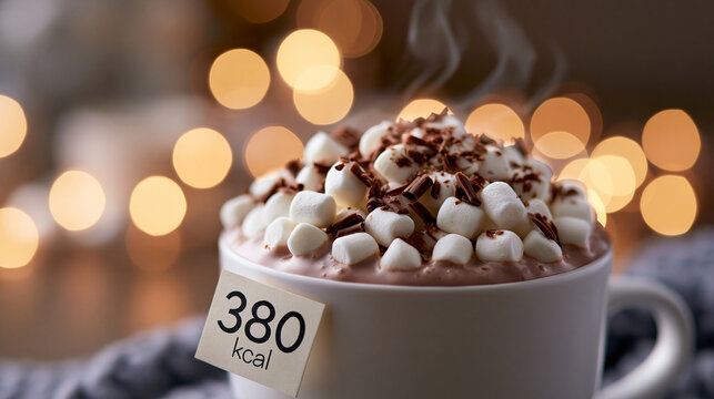 Eine dampfende Tasse hei&szlig;er Schokolade mit Marshmallows steht festlich dekoriert auf einem Tisch, ein Schild zeigt 380 Kalorien.