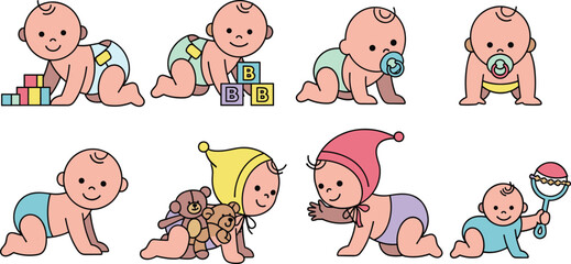 Fototapeta premium Adorable Crawling Baby Icon Set with Infants Playing Blocks, Pacifier, Teddy Bear, Hat, and Rattle for Newborn and Nursery Designs