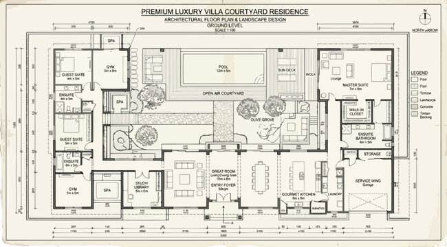 Architectural floor plan of a premium luxury villa with a central courtyard and swimming pool