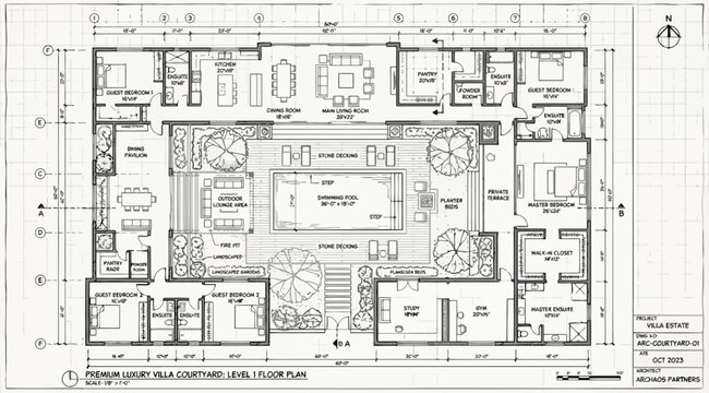 Level 1 floor plan for a premium luxury villa featuring a central courtyard and pool