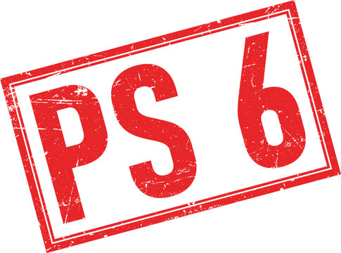 Red distressed rubber stamp impression featuring the text PS 6 with a grunge texture and a white background