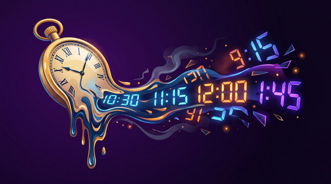Abstract Melting Pocket Watch Transitioning Into Neon Digital Clock Numbers