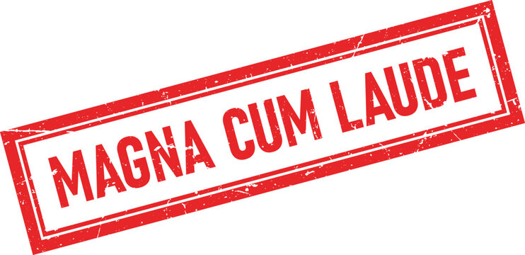 Red distressed square rubber stamp impression with white text stating Magna Cum Laude