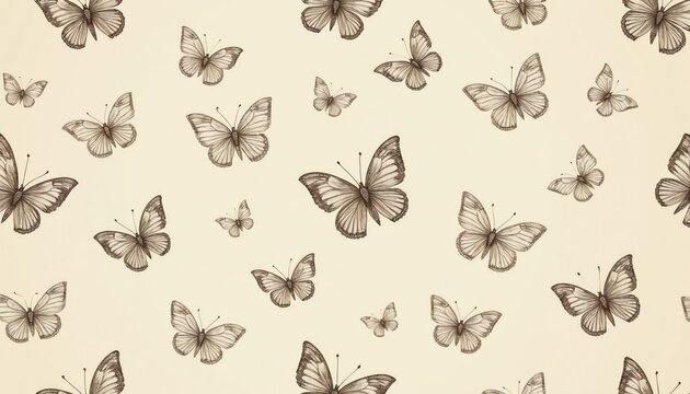 Scattered butterflies create a repeating pattern on a neutral beige backdrop. Hand-drawn insects appear in monochrome line art. Delicate natural design suits various decor.