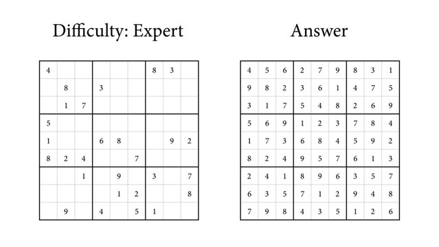Expert sudoku puzzle with answer grid on light background