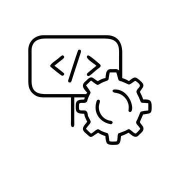 Code symbols and gear icon representing programming, software development and engineering process