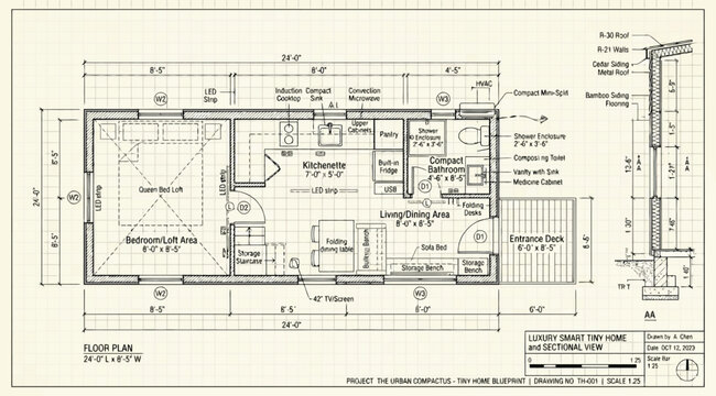 Architectural floor plan and sectional view of a tiny home design