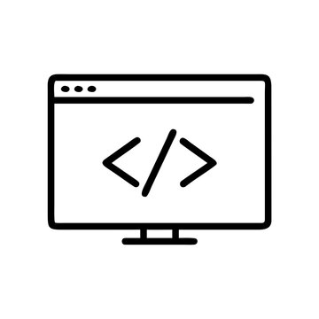 Computer screen displaying code brackets icon representing programming web development and online software