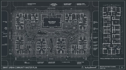 Smart green community master plan and apartment block layout © Saharia