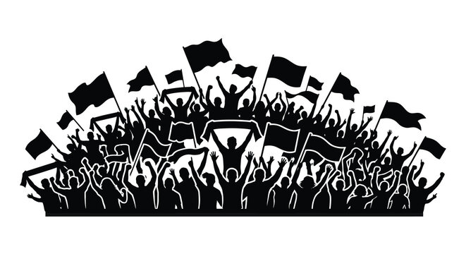 Silhouette of a cheering crowd with flags a lively demonstration or celebration scene