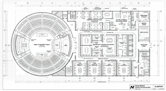Detailed architectural floor plan of a circular auditorium and office complex