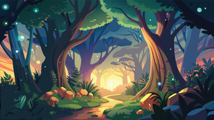 Magical forest landscape with glowing fireflies and sunset light in a fantasy woodland scene Vector © CreativeKamrul