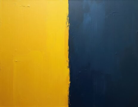 Bold abstract painting with textured yellow and dark navy panels divided by a vertical line. Modern art style with thick paint strokes and a rough surface.