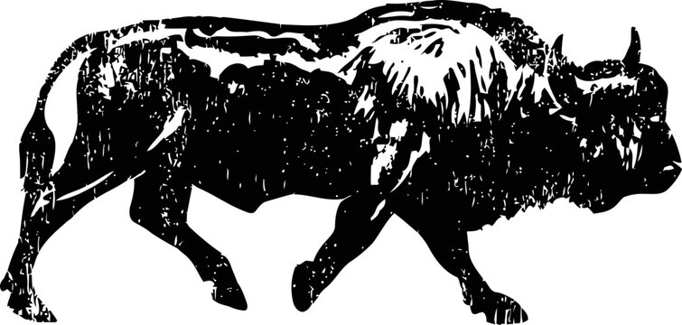 Black silhouette of a walking buffalo with detailed muscular and horn features