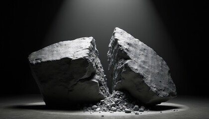 Obraz premium Two large grey stones are fractured and separated in dark dramatic lighting. Loose rubble lies at the base of the rocks. Abstract concept for geopolitical division or breakdown.