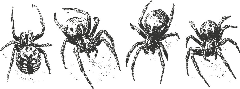 four black spiders with detailed legs and body parts on a white background, arachnid close up illustration