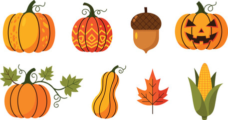 Autumn Harvest Icon Set with Pumpkin, Jack O Lantern, Acorn, Butternut Squash, Maple Leaf, and Corn for Fall and Thanksgiving Designs © Mijanur