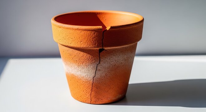 A weathered terracotta flower pot sits empty on a plain surface, featuring a distinct vertical crack running down its textured orange side, planter, clay, rustic