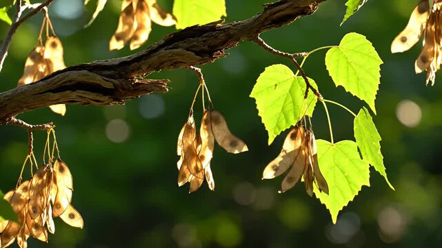 Close up of tree branch with seeds and leaves against a blurred background