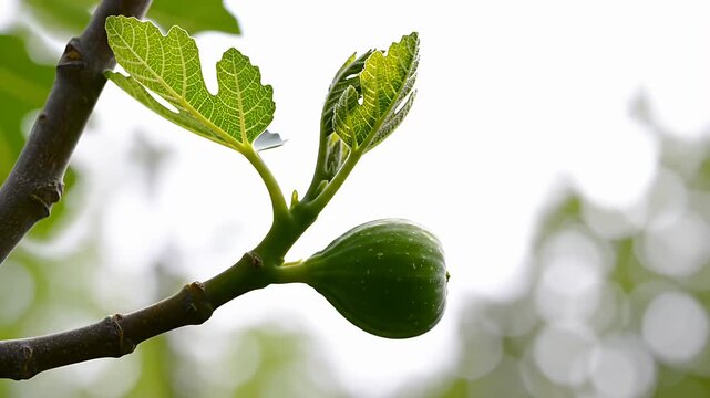 Close up of green fig fruit and leaves growing on branch against white