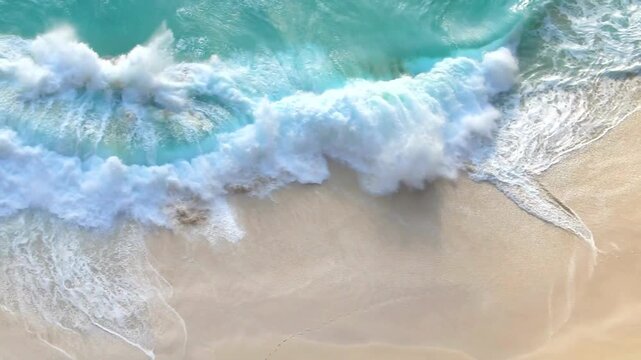 Aerial view of turquoise ocean waves crashing on white sand beach, tropical shoreline with sea foam, cinematic coastal landscape for travel background