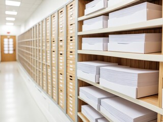 Obraz premium Postal worker sorting paper letters and envelopes in a post office, mail delivery and logistics service concept