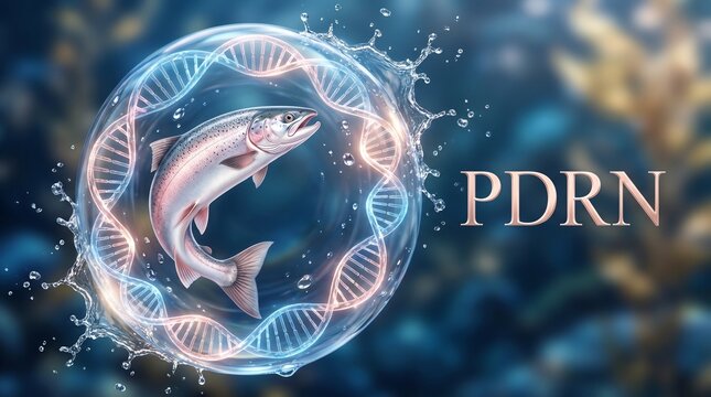 PDRN cosmetic anti-aging concept. Salmon fish inside a transparent water bubble with glowing DNA helix and typography. Marine biotechnology and skincare background. 3D render