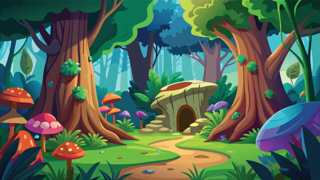 Magical forest landscape with a tiny gnome house and colorful mushrooms on a dirt path Vector
