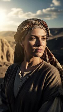 Inspired spiritual guide: Deborah figure, Israel judge, biblical heroine, divine prophetess, desert landscape, ancient era, wisdom embody, faith endure.