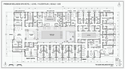 Fototapeta premium Architectural floor plan of a premium wellness spa hotel featuring guest suites, swimming pool, and fitness area
