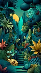 Obraz premium Vibrant tropical floral arrangement with exotic birds and fruits on turquoise background