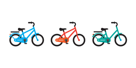 Obraz premium Vector illustration of three bicycles in blue, red, and teal depicting urban commuting, family travel, and child-friendly transportation.