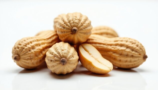 Pile of whole peanuts in shells, one nut halved showing kernel. Brown textured pods against white backdrop. Raw, natural food ingredient for cooking or snacks.