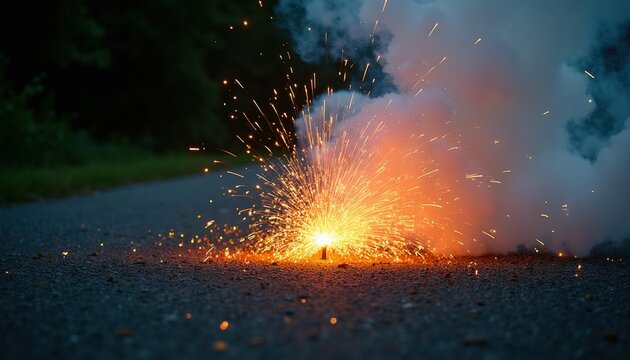 Ground level view of active firecracker exploding. Sparks shower outwards with smoke billowing. Fast bright burst creates intense orange glow against dark background.