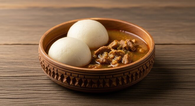 Traditional fufu made from pounded yam served as smooth white dough balls in a wooden bowl with savory soup on a rustic kitchen table, vegetarian, table, yam