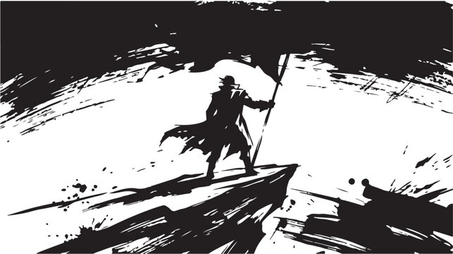 Adventurer stands on a jagged rocky pinnacle while holding a dark flag in the heavy wind.
