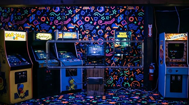 Colorful Retro Arcade Machines Glowing Under Blacklight in Neon Game Room