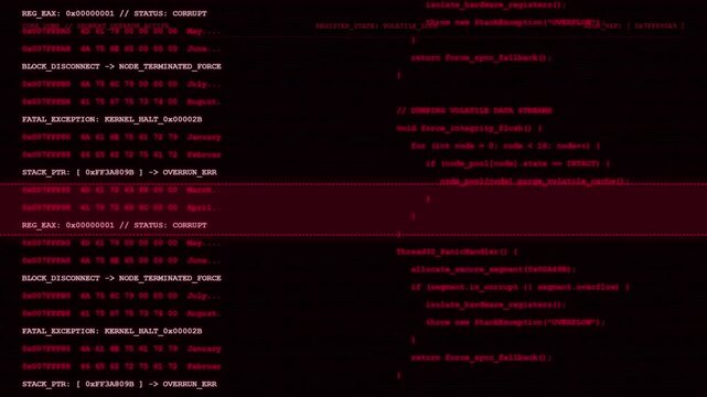 Stack Pointer Overrun Error Console Log Displaying Volatile Data Stream Dump Status Corrupt Warning Banner And Fatal Exception Kernel Halt Red HUD Interface.
