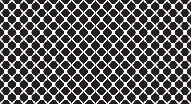 Elegant black and white geometric seamless pattern with abstract wavy trellis net grid lattice background.