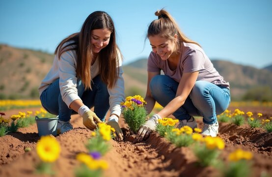 Two smiling women plant yellow and purple flowers in sunlit soil. They work together outdoors in a garden row, wearing jeans and gloves with a bucket nearby. This scene shows nature care and growth.