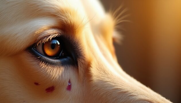 Close-up canine eye shows red spots on fur. Skin irritation on dog face suggests allergy, insect bite, or medical condition. Focus on pet health distress.