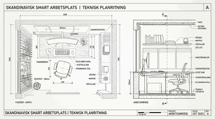 Technical floor plan and section drawing of a scandinavian smart home office workspace © Saharia