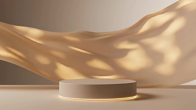 Elegant podium with flowing fabric and illuminated ring light