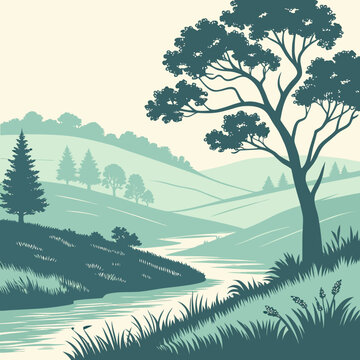 Serene landscape with a winding river and rolling hills landscape peaceful tranquil beautiful countryside outdoors