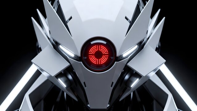 Futuristic robot head with glowing red eye